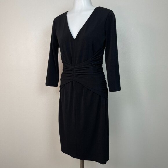 Ann Taylor Sheath Dress 6 Black Shirred Waist 3/4 Sleeve V-Neck Stretch Women's - Picture 3 of 11